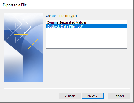 select the Outlook data file 