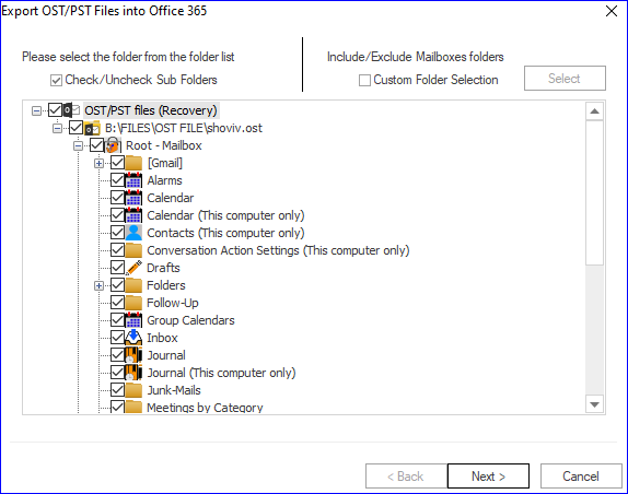 Select folder to export OST in Outlook 365