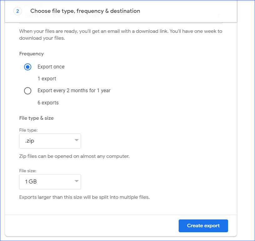 select the frequency to export the data from Gmail
