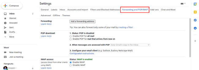 Forwarding and POP/IMAP settings