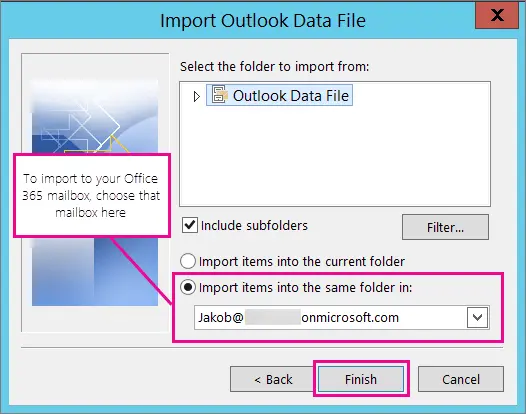 Import in current mailbox folder ( Outlook.com to Office 365)