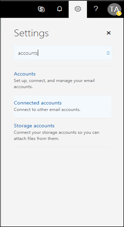 Migrate AOL Email to Office 365>> Search 'Accounts' in OWA Settings