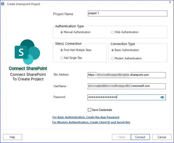 Create a project enter your SharePoint site address username and password