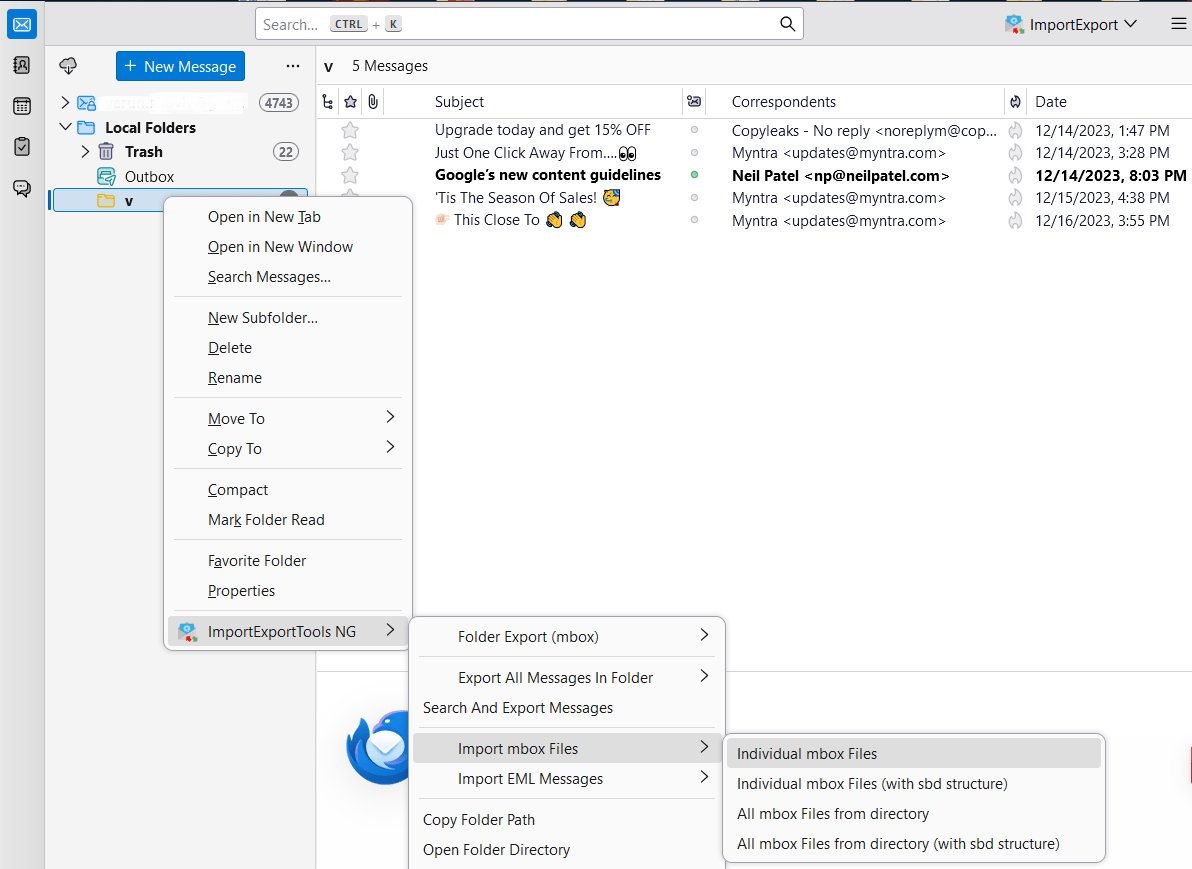 Navigate to ImportExportToolNG and Import Individual MBOX Files