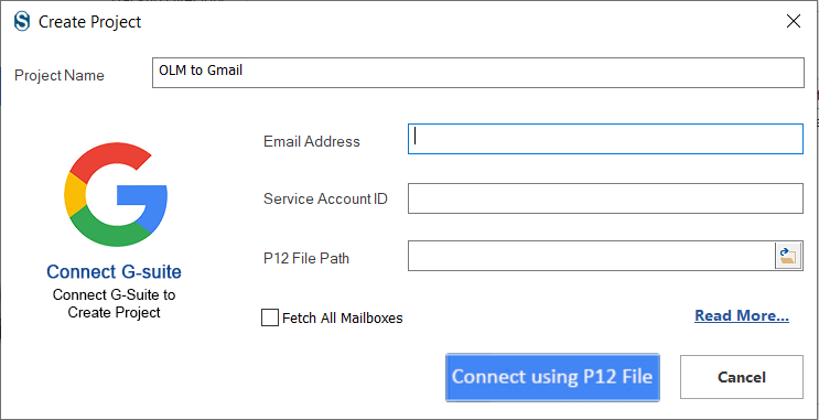 Create p12 path to restore OLM emails