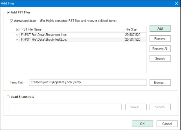 Browse PST file location