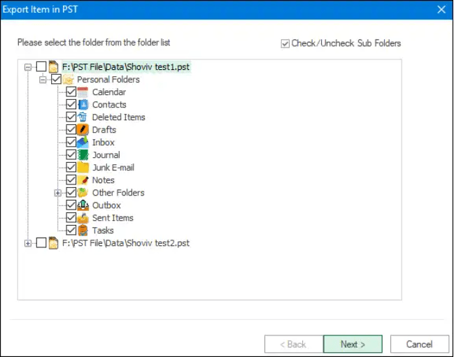 Select PST file items 