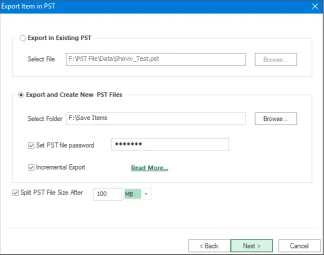 Choose Target PST file location