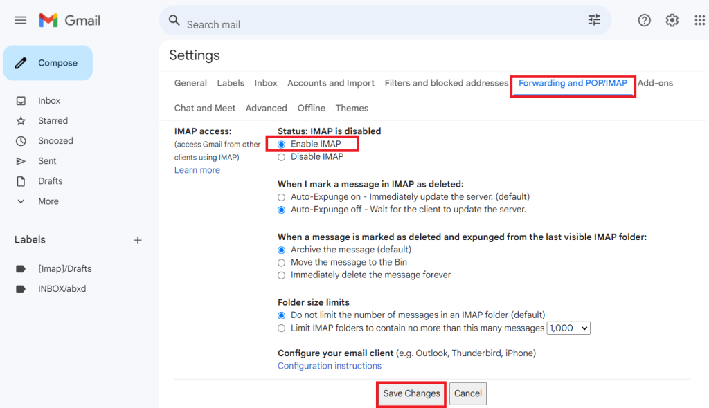 Cheick Forwarding settings