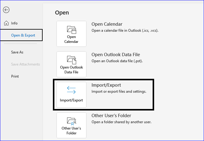 Open Outlook Import/Export option