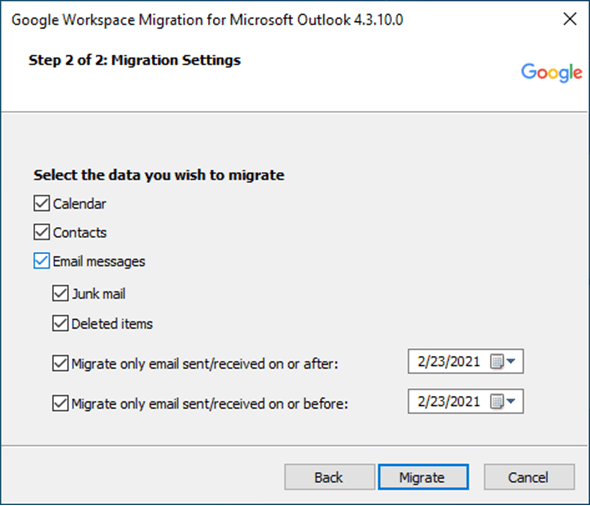 Choose the Items to Migrate into Google Workspace Account