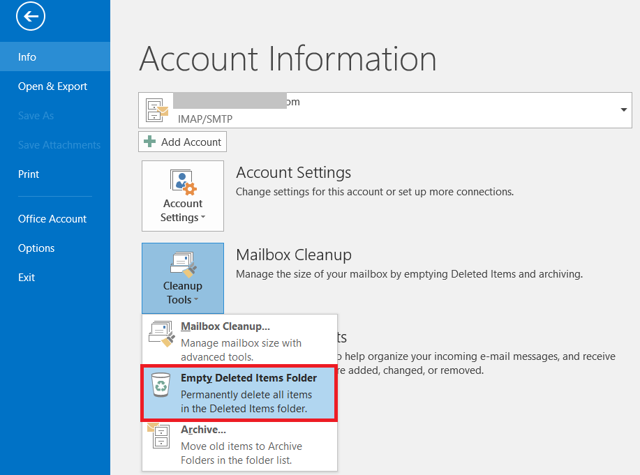 Click on Empty deleted items folder (clean up Outlook mailbox)