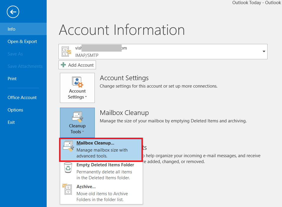 Click on mailbox Cleanup Tool (clean up Outlook email)