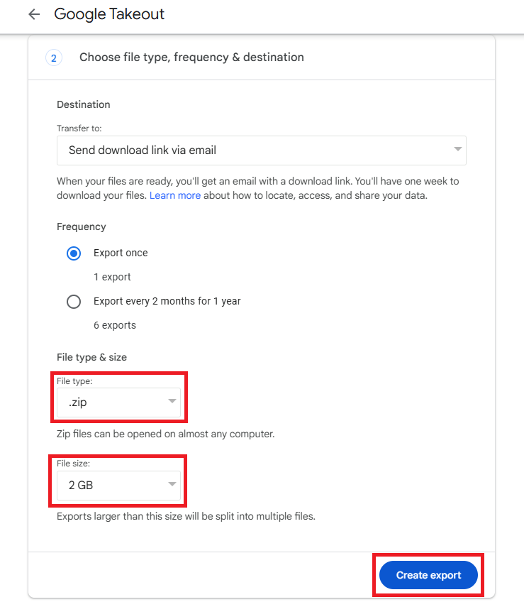 Choose Export file type and size